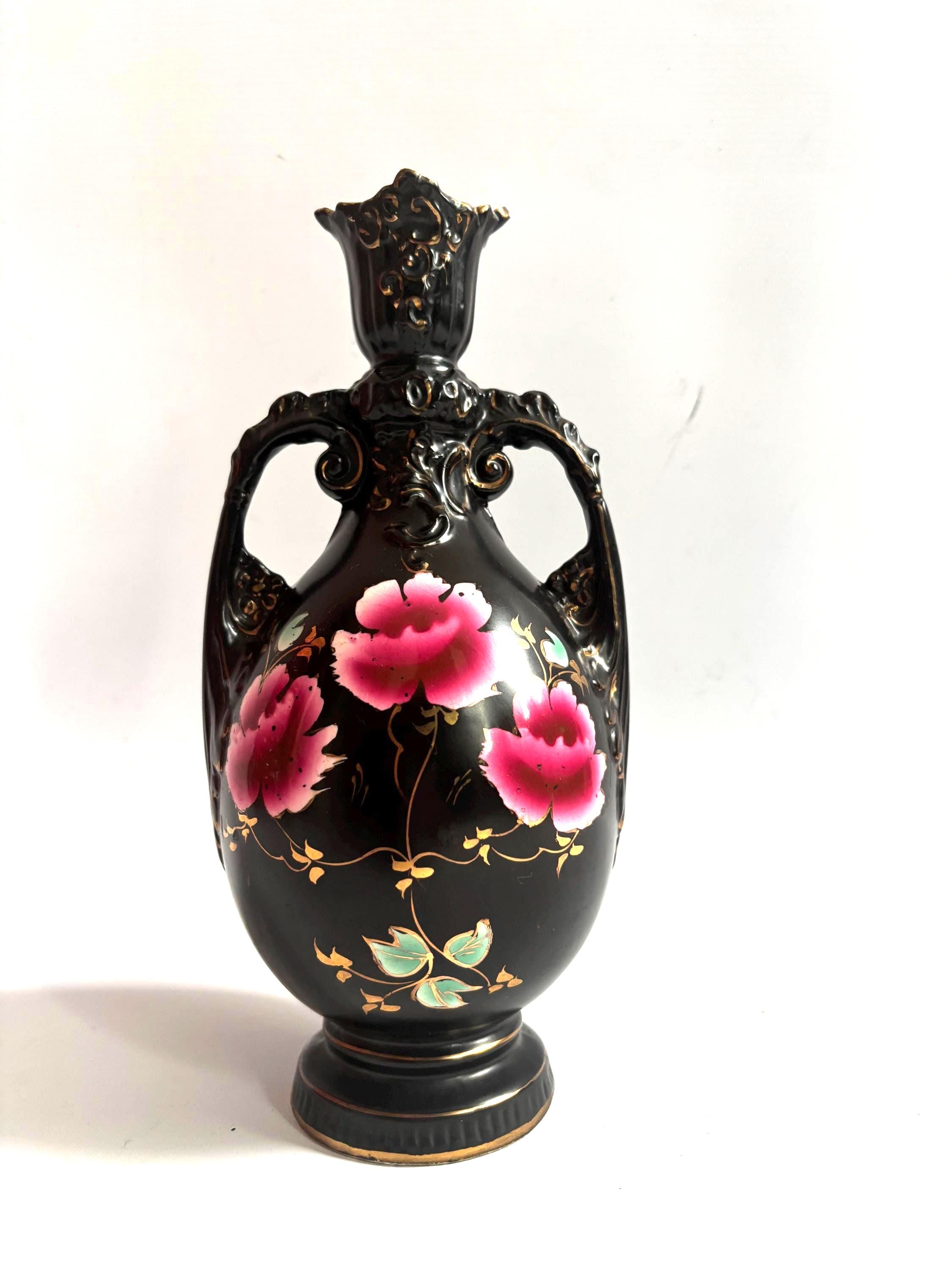 Antique Victorian Ceramic Vase: Floral Paintings, Gold Gilt, Made