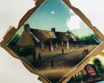 Rare Antique Pair of 1800s Edwardian Reverse Glass Painted Pictures original mount Vintage Scotland Alloway Burns Cottage and Parish Church