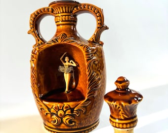 Vintage Mid Century Ballerina Music Box Decanter: Ochre Ceramic Bottle