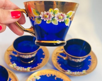 Vintage Venetian Italian Murano Cobalt Blue Glass Tea Cups