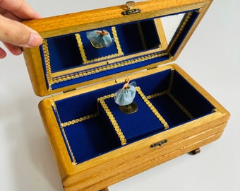 Rare Solid Oak Swiss Early Reuge style 1940s Musical Jewellery Box/dancing Ballerina incased/Blue Indigo possibly  'Invitation to the Dance'