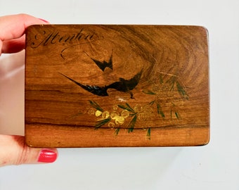 Sorrento Wooden Olive wood box made in Sorrento Italy-1930's Menlon /Swallow Bird Love Handmade/Marquetry/Folk details