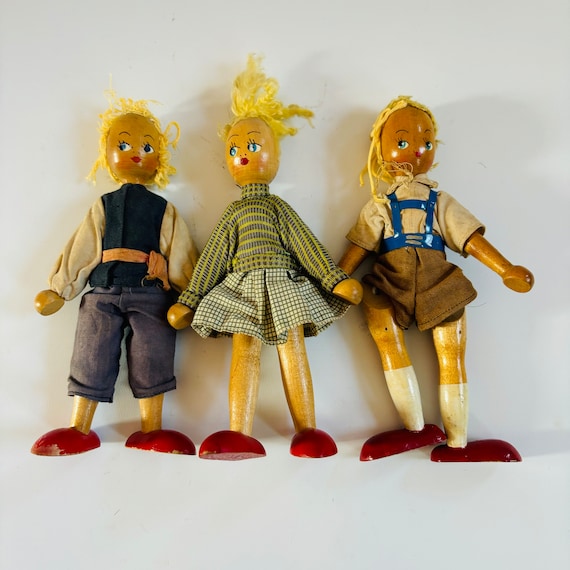 RARE Trio X3 Mid Century Vintage Wood Moveable Dolls 1950s German Wooden Peg Jointed strung Folk Dolls Wearing Lederhosen Hand Made Clothes Etsy