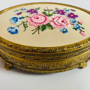 Vintage Art Deco Gilt Metal Trinket Box: Floral Embroidery Keepsake