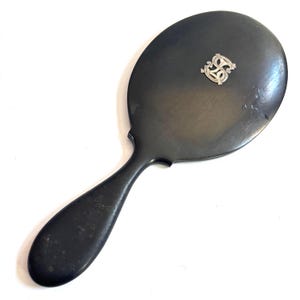 Antique Ebony Wood Hand Mirror: 1890s Victorian Bevelled Glass, Silver Initials