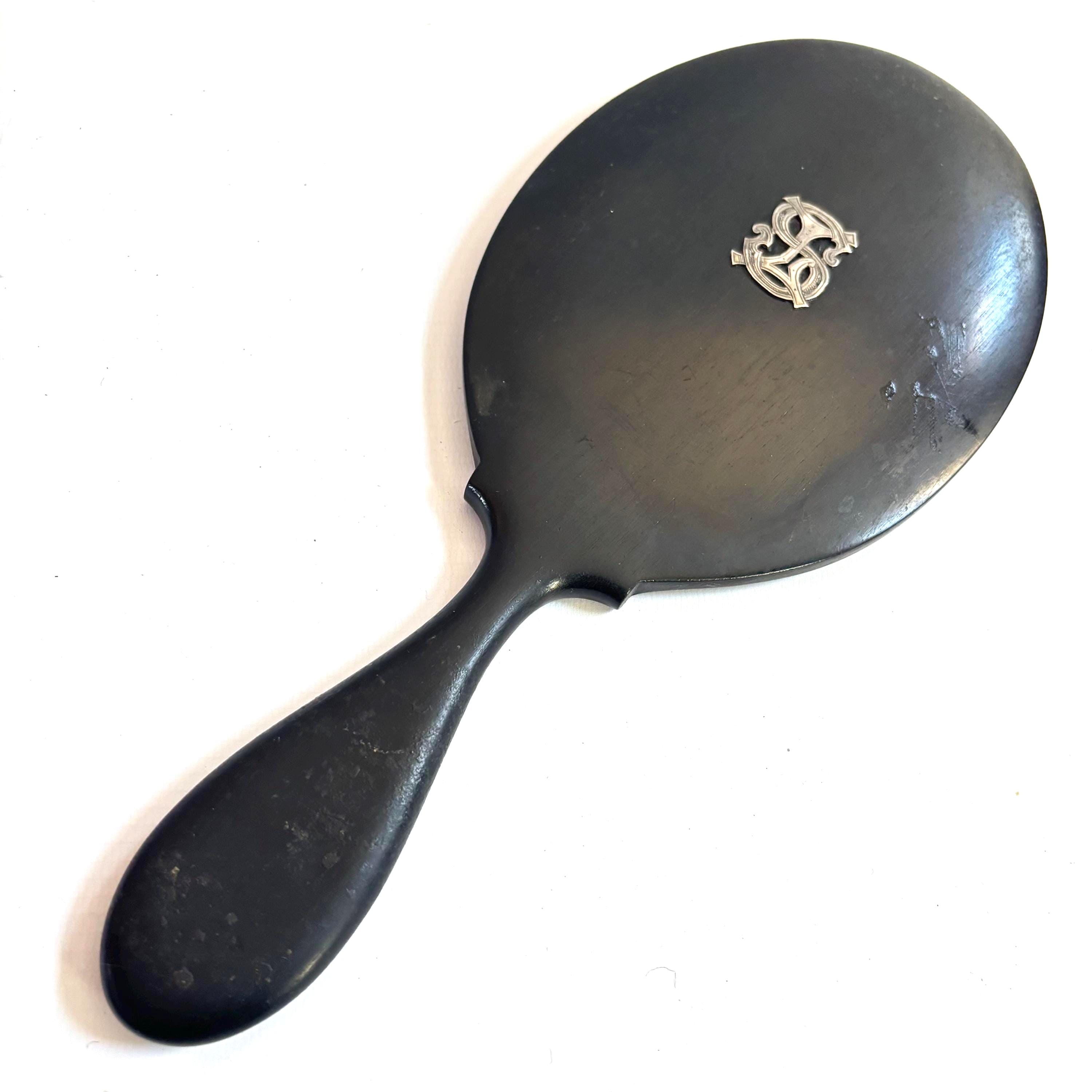 Antique Ebony Wood Hand Mirror: 1890s Victorian Bevelled Glass