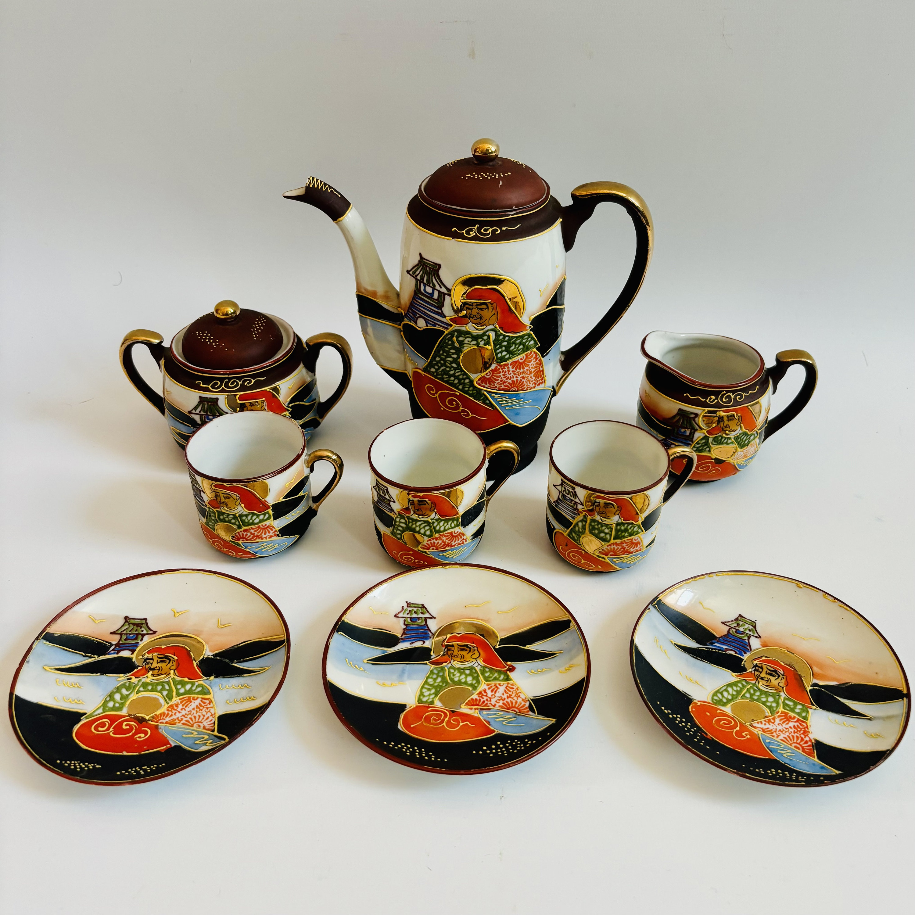 Vintage 1930s Japanese Satsuma Porcelain Tea Set: Gilded Enamel, 6