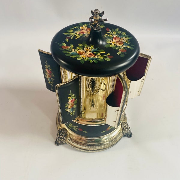 RARE Antique Roundelay Musical Carousel by REUGE Switzerland 1940s Cigarette Lipstick Holder Working MOZART Enamel/Silver/Velvet