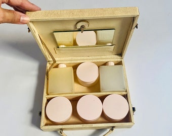 Vanity Retro 1950s London Label Maylor Kosmetik Beauty Reisekoffer mit originalem Spiegel und 6 Behälter / Cremevinyl