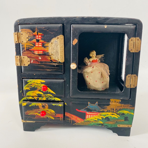 Stamped 'Prince' Vintage Japanese Jewellery box with drawers/cupboard Ballerina Mt Fuji Black Lacquer inlaid shell 1940's Mid Century Box