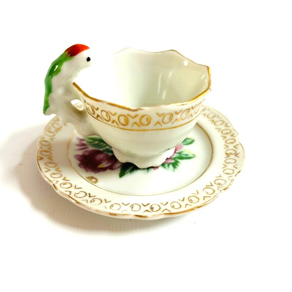 Vintage Japanese Tea Cup and Saucer: Parrot Handle, Rose Design