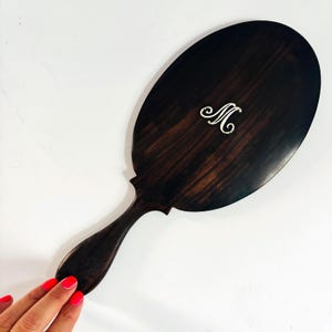 Antique Ebonised Beech Wood Hand Mirror: 1890s 'M' Silver Initial Victorian Bevelled Glass
