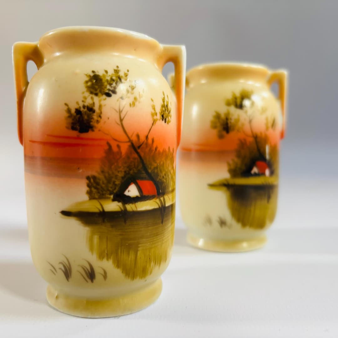 Antique Noritake Miniature Vases: Hand-painted Japanese Porcelain