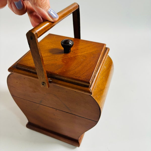 Antique RARE Victorian Walnut wood Caddy keepsake box/bakelite handle Lid - Interior design shape Handle Unique Charming and Collectable