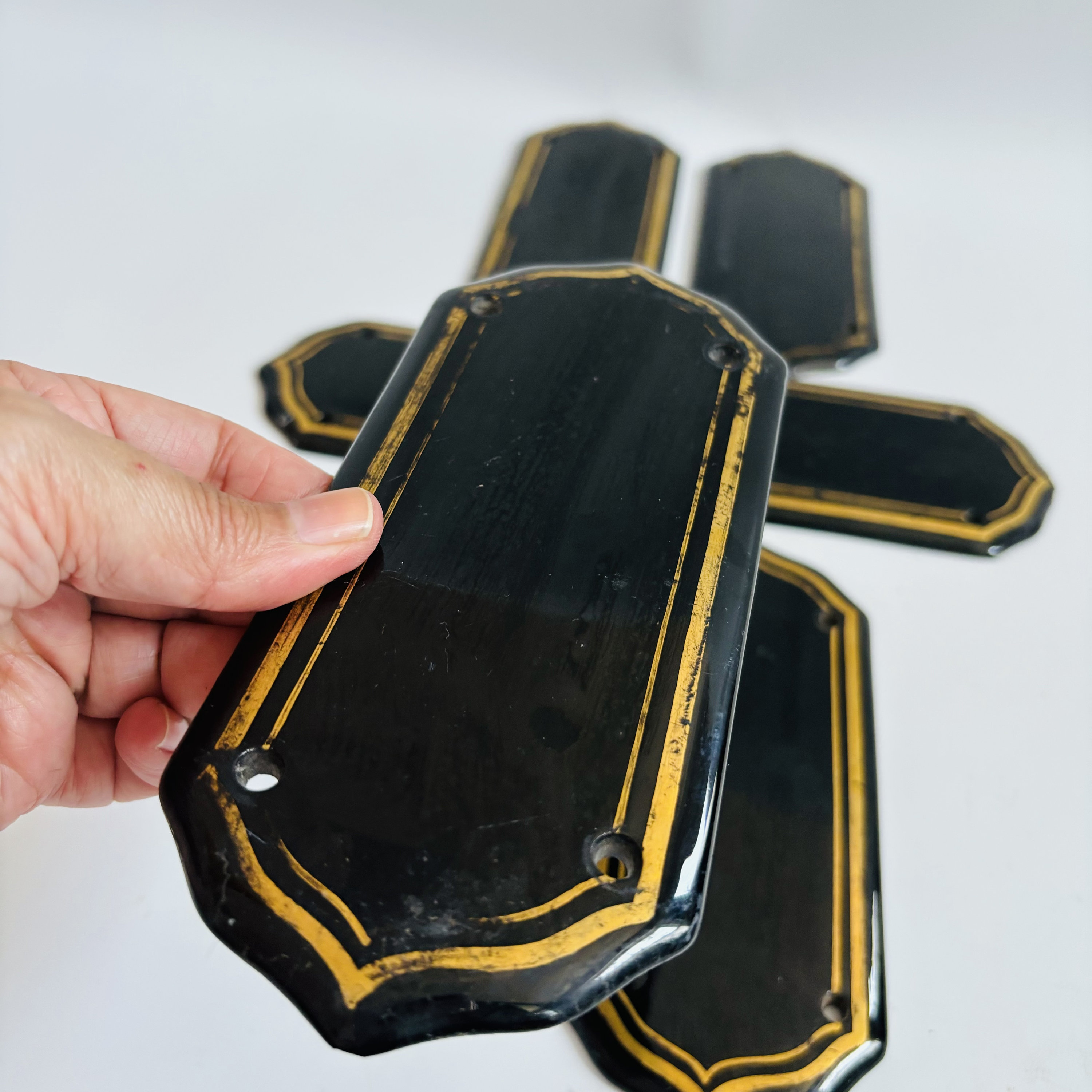 Antique 1920s Chatsworth Set of 5 Ceramic glazed Black Porcelain GoldLine Finger Plates Art Deco Est: 1847