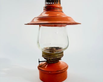 Vintage Orange Enamel Oil Lamp: Mid-Century Garden Decor