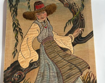Wonderful 1950s/60s RARE Asian Mongolian  Mid Century Woven Silk/Wool/Oil Painting Mixed media Collage Lady Folk Art Unusual some wear/tear