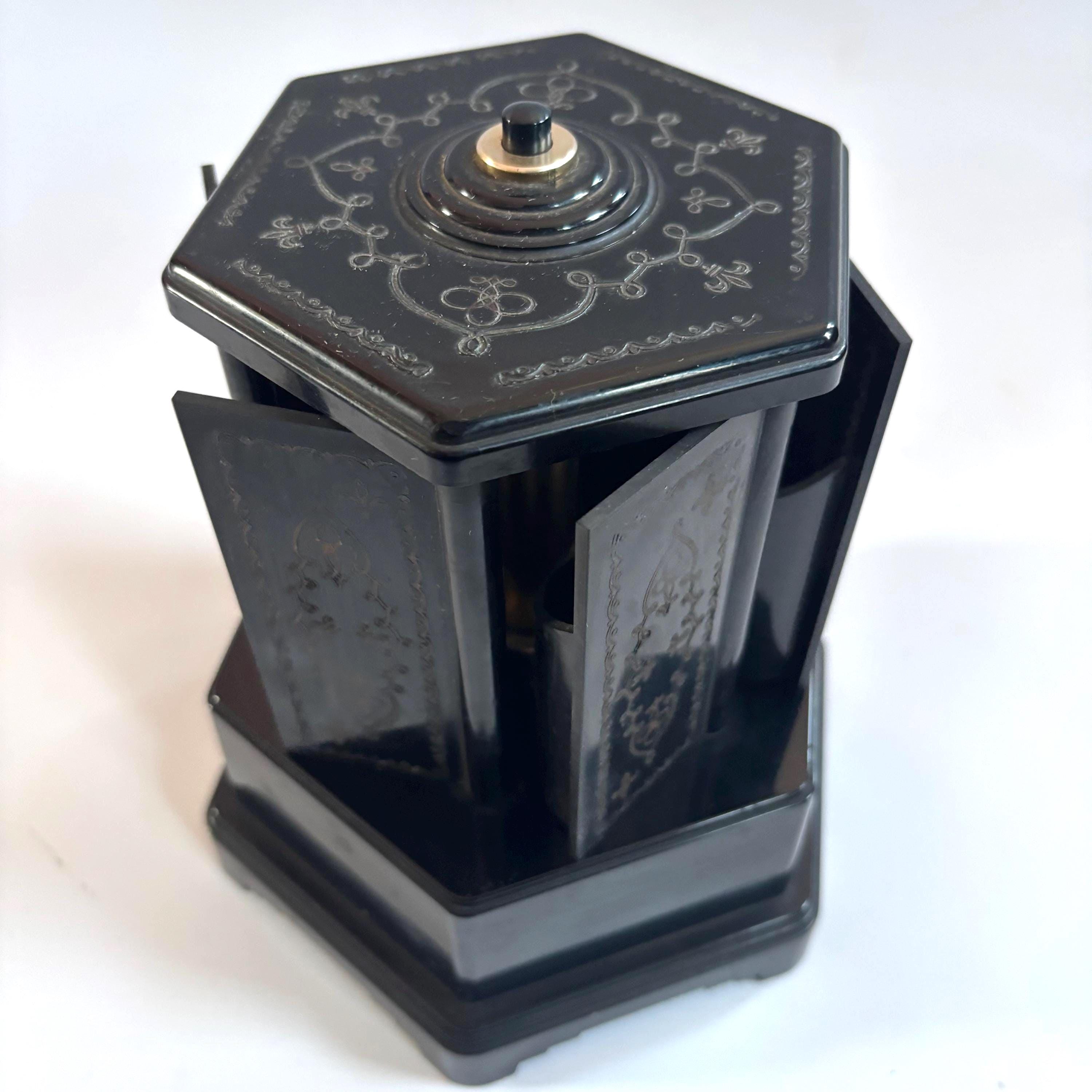 bakelite musical cigarette dispenser Collectable Reuge Vintage Bakelite Roundelay Musical Carousel by SELCOL  Britain 1950s /cigarette Lipstick Holder/jet Black/gold Detail-waltz