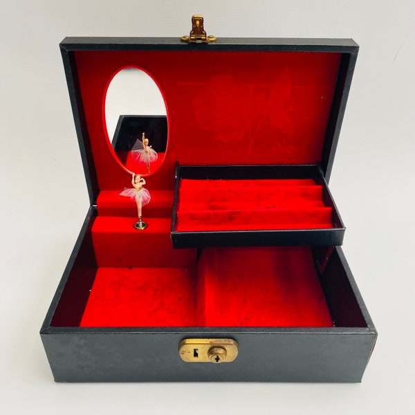 Royal Box-makers Swedish Design Philipp 1950s Black Musical Jewellery Box/ Ballerina Red Velvet interior Oval Mirror/Rose /Stained Interior