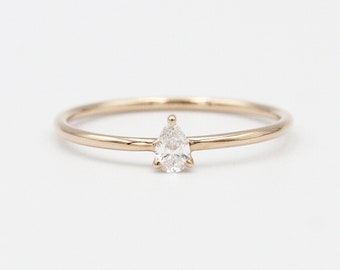 Pear Diamond Solitaire Rings/ 14k solid Rose Gold/ 0.1ctw Pear Diamond Engagement Ring /Fancy Cut Diamond Ring