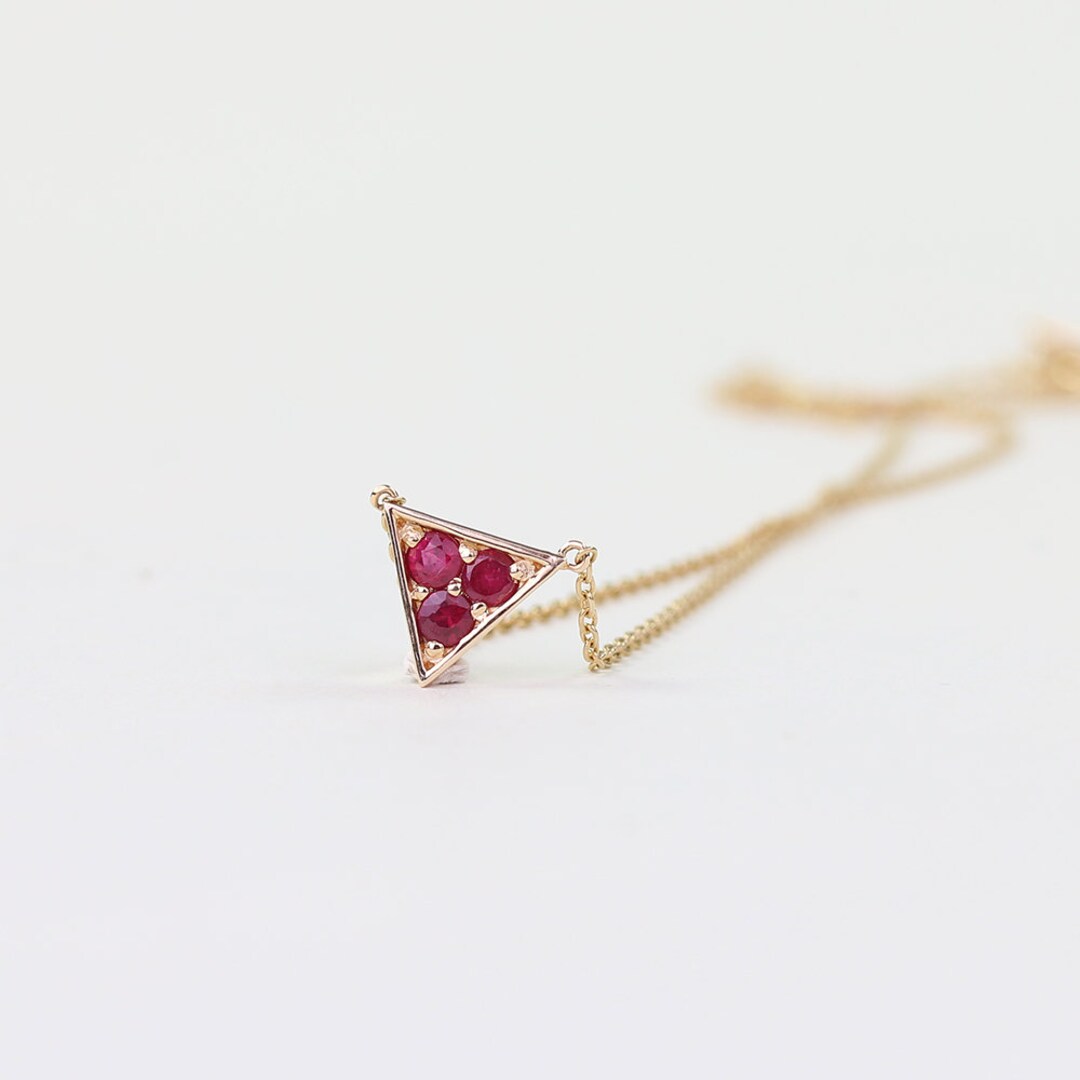 14k Solid Gold Ruby Necklace, Triagle Shape Necklace With Three Stone ...