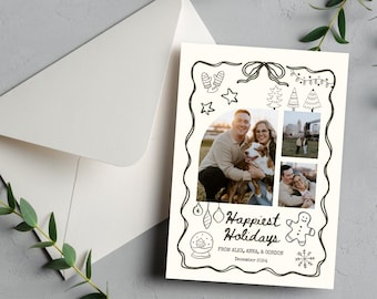 Plantilla editable de Canva para tarjeta de felicitación navideña con garabatos, diseño de tarjeta de felicitación navideña personalizable y diseño de tarjeta navideña imprimible