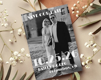 Plantilla para guardar la fecha de película vintage en blanco y negro, guardar la fecha con foto, guardar la fecha editable, guardar la fecha, descarga instantánea