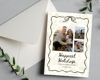 Plantilla editable de Canva para tarjeta con fondo de garabatos de felices fiestas / Tarjeta de felicitación navideña personalizable / Diseño de tarjeta navideña imprimible