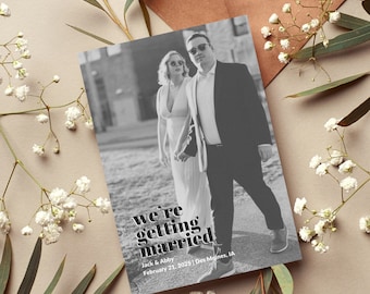 Plantilla vintage en blanco y negro para guardar la fecha, moderna para guardar la fecha con foto, editable para guardar la fecha, descarga instantánea