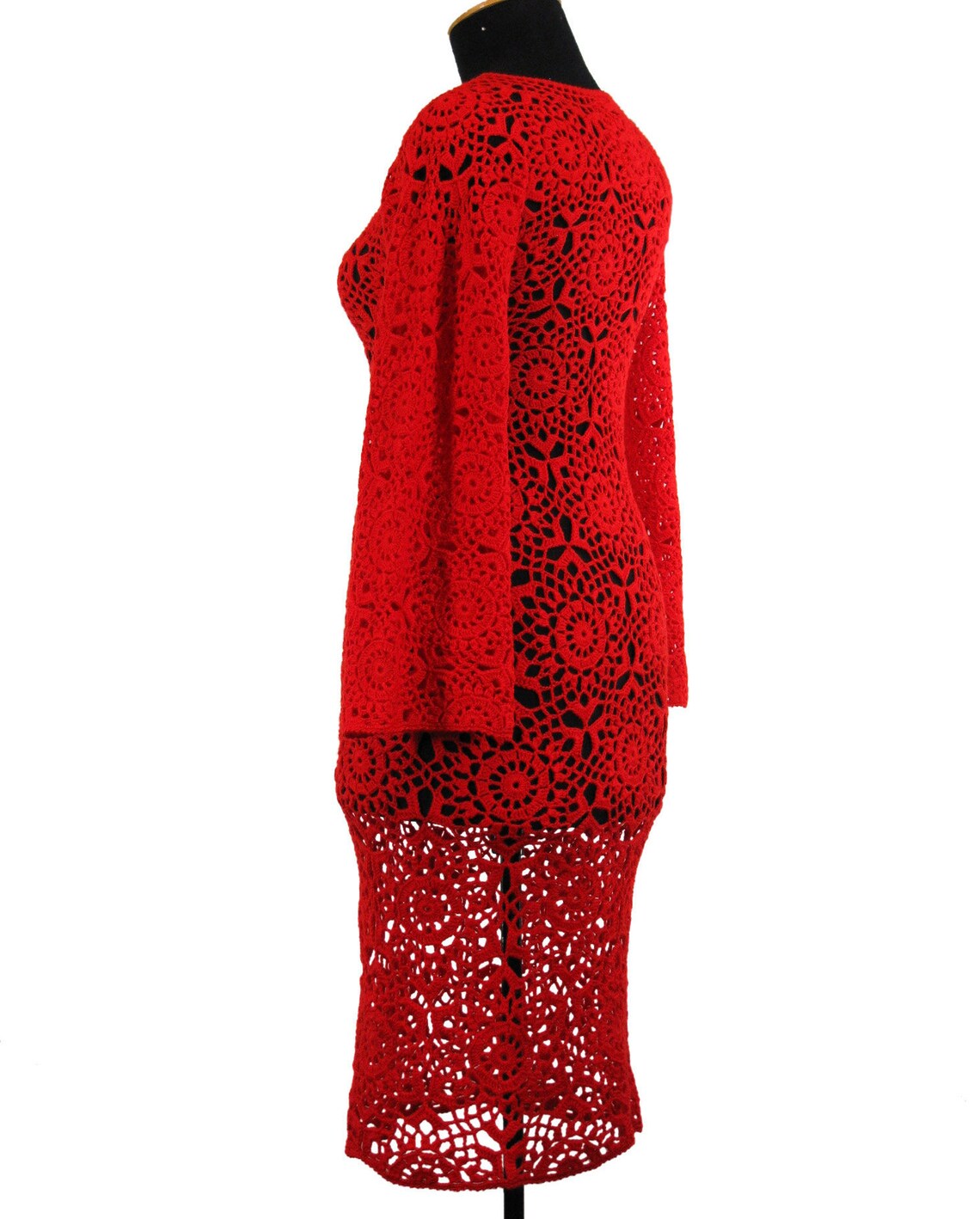 Red Crochet Dress Women Hand Knitted Dress Openwork Knitted Etsy