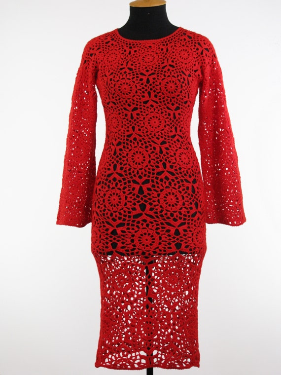Red Crochet Dress Women Hand Knitted 