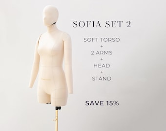 SOFIA Soft Sewing Dummy with Arms and Head (SET 2) – Pinnable Mannequin Torso, Arms, Head and Stand for Tailoring