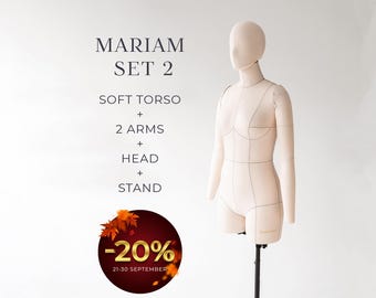 MARIAM Soft Tailor Dress Form with Arms and Head (SET 2) – Fully Pinnable Torso, Arms, Head, Stand
