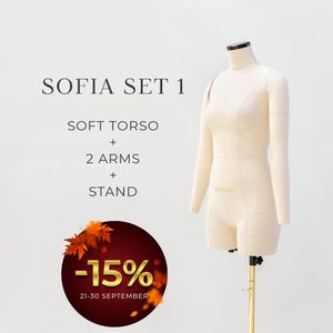 May include: A beige dress form mannequin with a soft torso and two arms, mounted on a gold-colored metal stand. The text SOFIA SET 1, SOFT TORSO + 2 ARMS + STAND is visible, along with a circular graphic featuring autumn leaves and -15%.