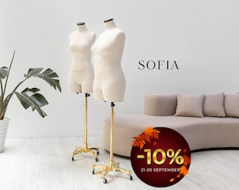 SOFIA Fully Pinnable Dress Form, Soft Compressible Polyurethane Mannequin with Construction Lines for a Royal Fit