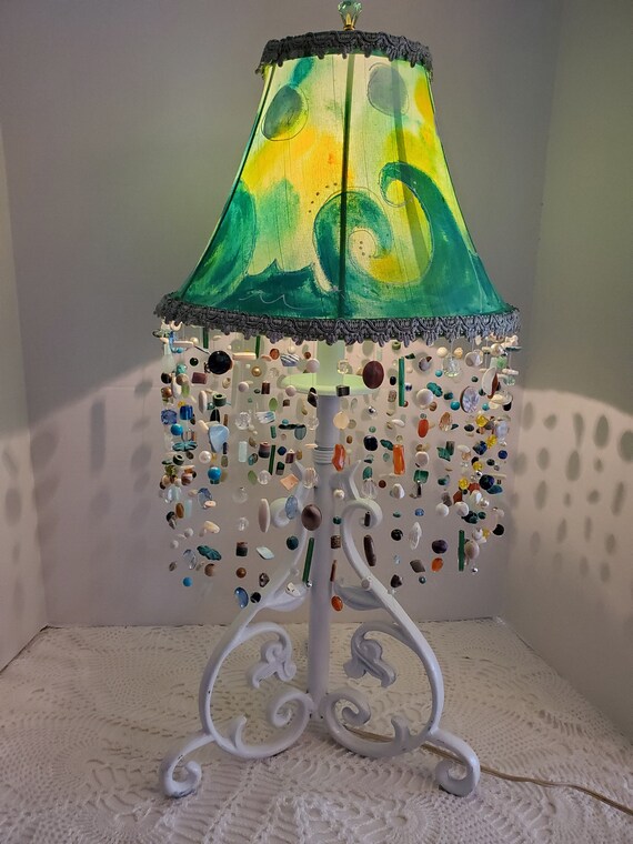 Beachy Hand Painted Beaded Boho Lampshade Long Beads Beachy Hand Painted Beaded Boho, Lampshade With Beads