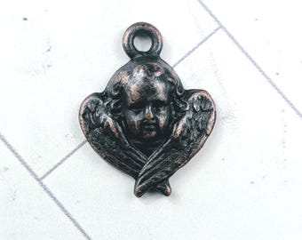 Dije de querubín alado de bronce frotado con aceite, colgante, volando, 1 pieza, 26 x 20 mm