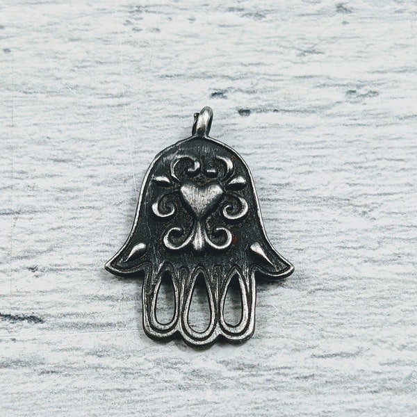 Patina Antique Silver Hamsa Hand with Heart Charms, 1pc. Hand of Fatima, 23x17mm, Oxidized Finish