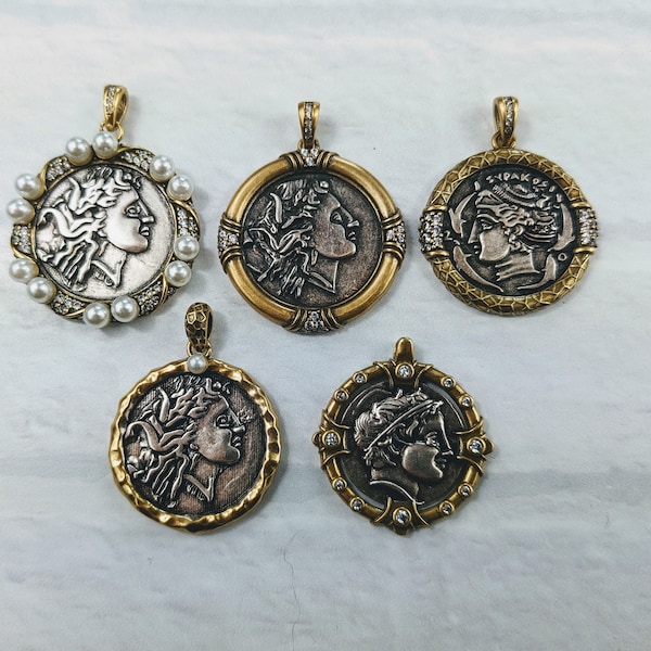 Brass with Pearl or Rhinestone Replica Greek Goddess Coin Charms, 1pc. Ethnic, 24-26mm