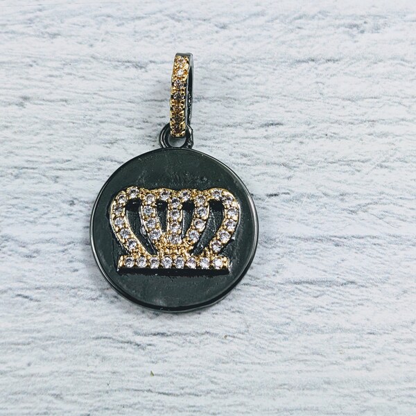Micro Pave Cz Crystals and 16k Gold Plated and Gunmetal Royal Crown Charms, Round, Cz Swinging Bail, 1pc. 20mm