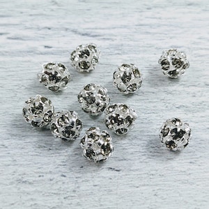 6mm Silver and Black Diamond Czech Glass Rhinestone Round Beads, Spacers, 4pcs.
