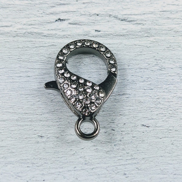Large Gunmetal Plated CZ Crystal Encrusted Lobster Clasp, Double Sided, 31x22mm, 1pc.