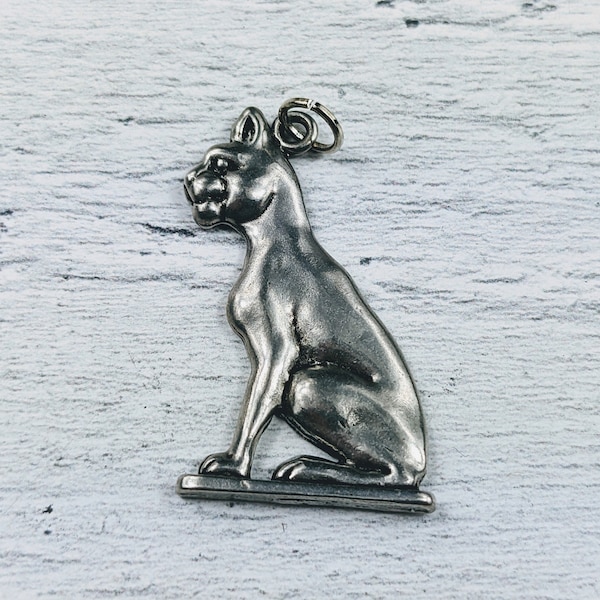 Antique Silver Egyptian Cat Pendant, Charm, Ethnic, 35x19mm