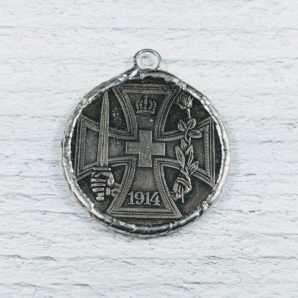 Large Hand Soldered Royal Crown with Cross and Sword Replica Coin Pendant, German, Victoria, 32mm