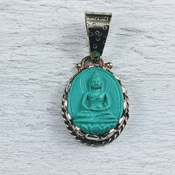 Tibetan Silver and Turquoise Resin Oval Meditating Buddha Pendant, Namaste, Yoga, Flower, Swinging Bail, 40x20mm