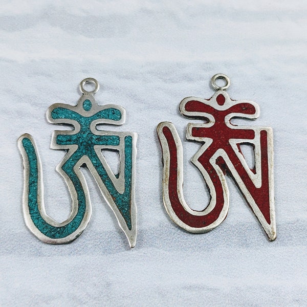 Tibetan Silver and Coral or Turquoise inlay Om Symbol Charm, Namaste, Yoga, 1pc. Nepal, Ethnic, 25mm