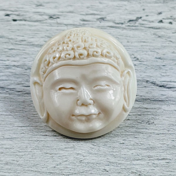 Hand Carved Buffalo Bone Buddha Head Round Button, 1pc. Raised and Textured Design, Large Hole Shank, Bracelet, Necklace 25mm, Yoga, Namaste