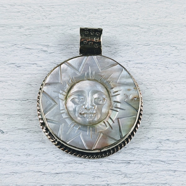 Tibetan Silver and Carved Shell Sun Face Pendant, Sunshine, Animal, Solar, Nepal, 44mm, Celestial