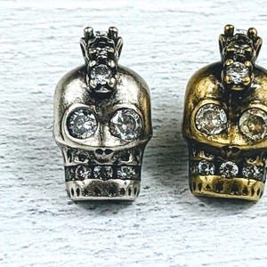 Antique Brass or Silver Cz Crystal Mohawk Skull Beads, Large Horizontal Hole, 17x10mm