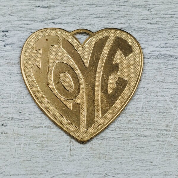 Large Raw Brass Heart Love Etched Pendant, 2pcs. 39x38mm